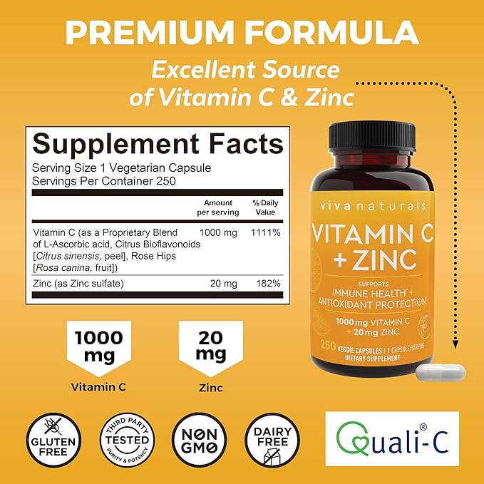 Viva Naturals Vitamin C and Zinc Supplement (250 Capsules) - 1000 mg Vitamin C with Zinc 20 mg Antioxidant Supplements for Immune Support Vitamin Supplement for Adults