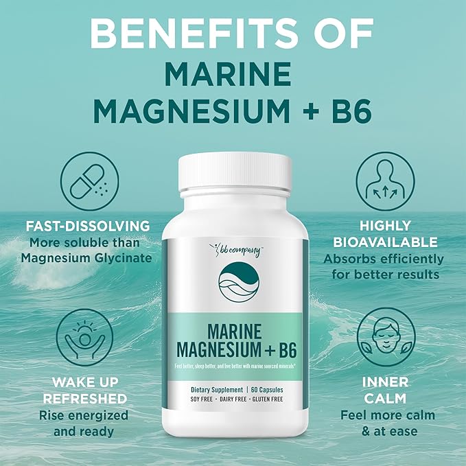 Ocean Magnesium 200mg Aquamin | More Soluble Than Magnesium Glycinate | Whole Food Mag B6 Supplement for Women | Gentle on Stomach &amp Vegan | Sleep Support Calms Nerves &amp Leg Cramps | 60 Ct