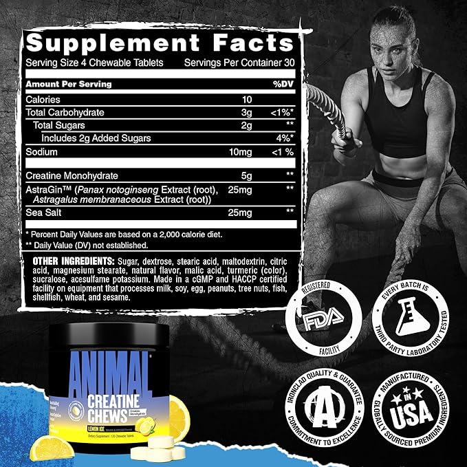 Animal Creatine Chews Tablets - Enhanced Creatine Monohydrate with AstraGin to Improve Absorption Sea Salt for Added Pumps Delicious and Convenient Chewable Tablets - Lemon Ice