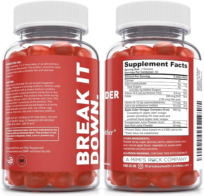 Dr. Tobias Adult Multivamin &amp Apple Cider Vinegar Gummies Supports Energy Immunity &amp Gut Health with 42 Fruits &amp Vegetables Plus Probiotics Cludes The Mother FOlate B12