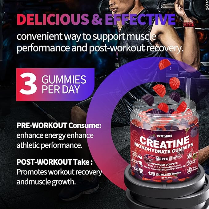 Creatine Monohydrate Gummies 8000 mg for Men &amp Women Creatine Supplement for Enhanced Muscle Growth Energy Boost - with L-Taurine Sugar Free Vegan Raspberry BlackBerry Blueberry Flavor-120 Co