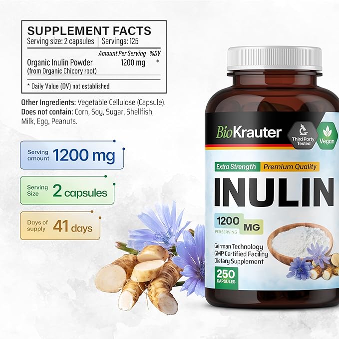 BIO KRAUTER® Inulin Powder from Chicory Root in Capsules 1200 mg per Serving 250 Count - Vegan &amp Pure Inulin Prebiotic Fiber for Gut &amp Digestive Support - No Fillers Non-GMO - 41 Days of Supp