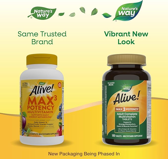 Nature's Way Alive! Max3 Potency Adult Complete Multivitamin High Potency B-Vitamins to Support Cellular Energy Metabolism* Multivitamin with Methylated B12 &amp Folate No Added Iron 180 Tablets