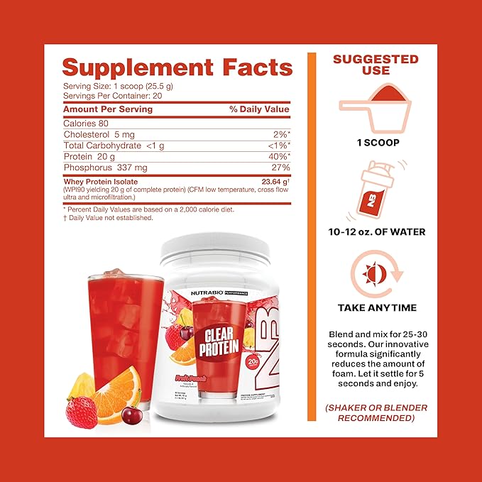 NutraBio Clear Protein Powder Fruit Punch - 20 Servings 20g Clear Whey Protein Isolate 0 Sugar 0g Lactose Refreshing Fruit Flavors GLP1 Support - Bone Health - Muscle Post Workout Recovery