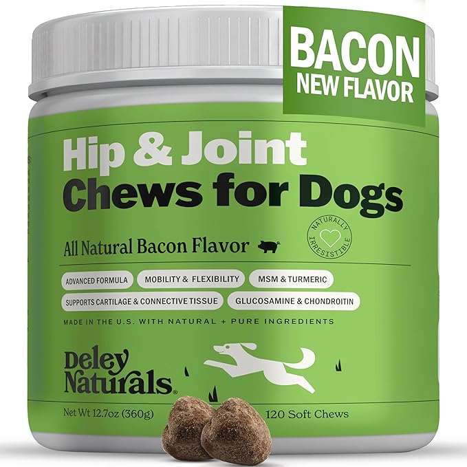 Deley Naturals Hip and Joint Supplement for Dogs - Glucosamine Chondroitin MSM &amp Collagen for Dogs - Dog Joint Supplement Smaller Chews Low Calories Same Ingredients - 120 Bacon Flavor Chews