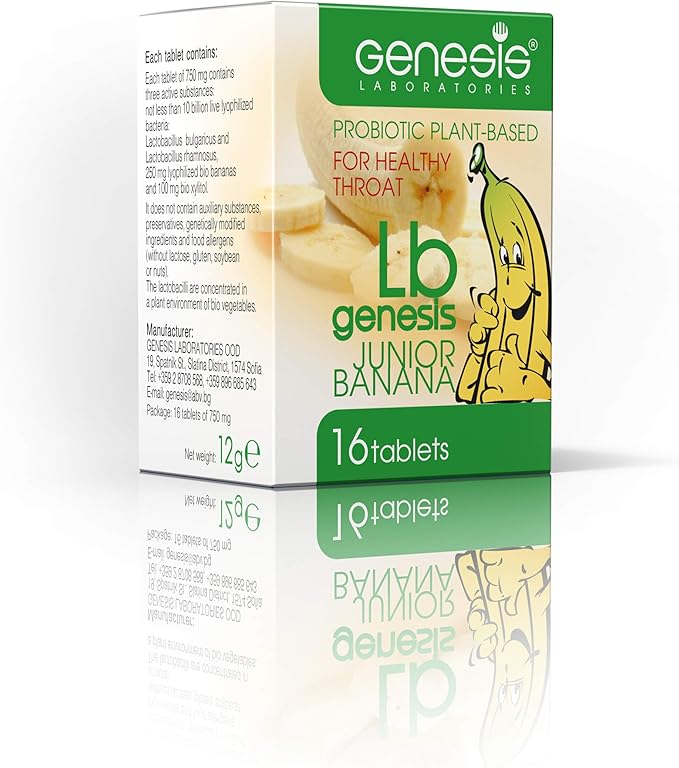 Genesis LB Junior Banana Vegan Probiotic Lozenges – Lactobacillus Bulgaricus with Freeze-Dried Bananas &amp Xylitol – Supports Throat and Gut Health – Dairy-Free Gluten-Free Non-GMO 16 Tablets