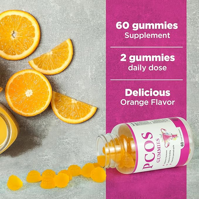 PCOS Gummies Helps Fertility and Ovulation 2 Packs PCOS Vitamin Gummies for Women Menstrual Cycle &amp Hormonal Balance Orange Flavor Fertility Gummy with Myo-Inositol Folate and Vitamin B6 B12