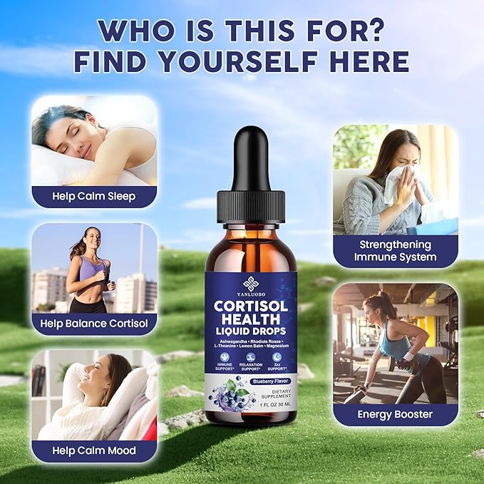 Cortisol Supplements for Women - Cortisol Manager Liquid Drops with Magnesium Ashwagandha &amp Rhodiola rosea L-theanine - Promotes Relaxation &amp Better Sleep Mood Blueberry Flavors 1FL.OZ(2P