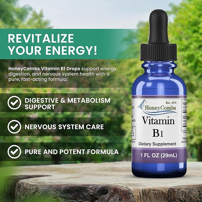 HoneyCombs Vitamin B1 Supplement (Thiamine) Liquid Drops - High Potency Thiamine B1 Supplement for Men &amp Women - Maintain Nervous System Energy &amp Overall Health - Vegan Liquid B Vitamins (16