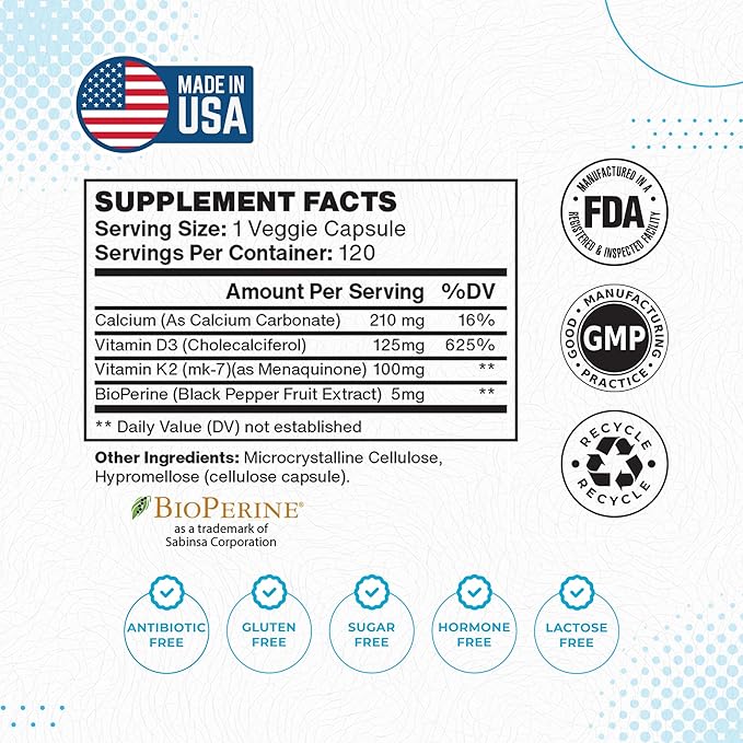 Foods For Gut Vitamin K2 (MK7) D3 &amp BioPerine® Black Pepper Extract | 120 Capsules | Free of Top Allergens | Bone Health | Mood &amp Energy Support |
