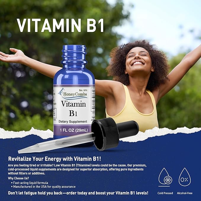 HoneyCombs High Potency Vitamin B1 (Thiamine) &amp B2 (Riboflavin) Drops – Vegan Non-GMO Alcohol-Free Liquid for Health Digestion Hair Skin &amp Nails