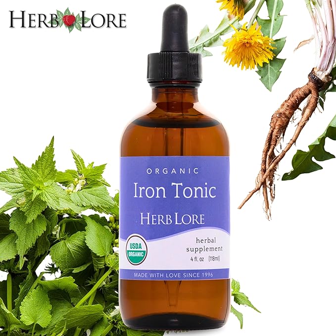 Herb Lore Organic Iron Tonic Tincture – Liquid Iron Drops for Women and Men – Non Constipating Easy on Stomach Plant Based Vegan &amp Alcohol Based (4 fl oz)