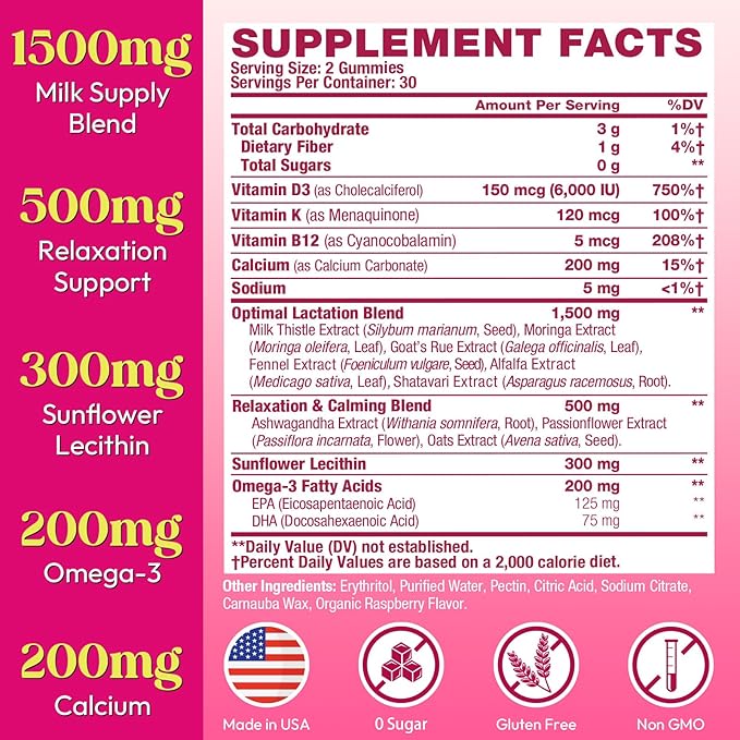 Lactation Supplement Postpartum Lactation Support Gummies for Breastfeeding with Milk Thistle and Postnatal Vitamins As Breast Milk Supply Booster Recovery Hair Growth 60 Count Sugar Free &amp V
