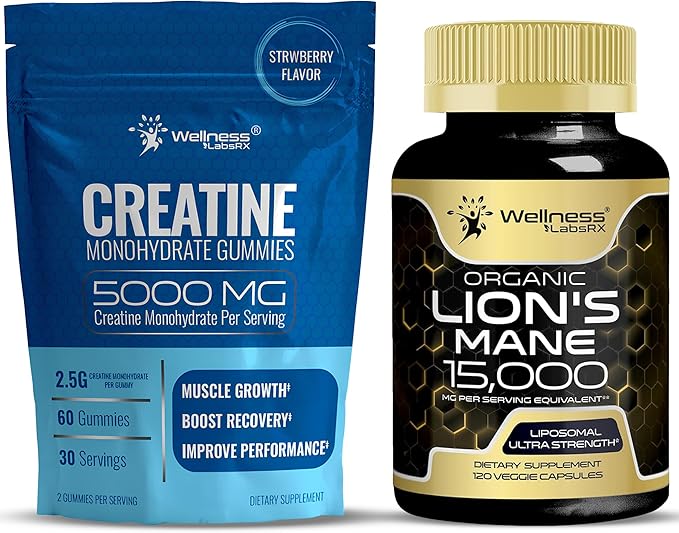 WELLNESS LABSRX Lions Mane Supplement Capsules - Creatine Gummies 5000mg | Bundle