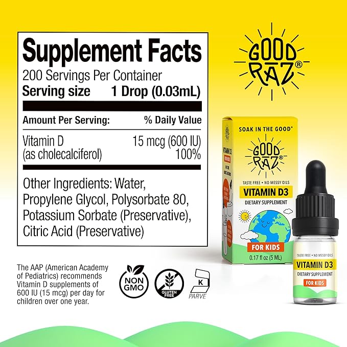 Good Rāz Vitamin D3 Drops for Kids 0.17 fl oz (5 ml) – Taste Free Liquid Dietary Supplement for Kids – Non-GMO Gluten-Free Kosher Daily Liquid Vitamin in Easy Dropper Bottle