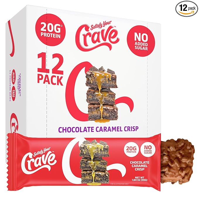 Satisfy Your Crave Protein Bars– High Protein Delicious Snacks– 20g of Protein No Added Sugar– Chocolate Caramel Crisp– Perfect for Breakfast On-the-Go Snack Pantry Staple &amp Office Treat– Non-G