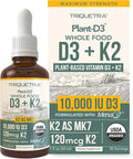 Organic Plant D3 K2 vitamin 10000 iu - All-Trans MK7 from MenaQ7 (120 mcg K2) - 100% Organic &amp Plant-Based Sublingual D3 Drops 10000 iu (Cholecalciferol) 100% Vegan - Supports Immunity Bone Br