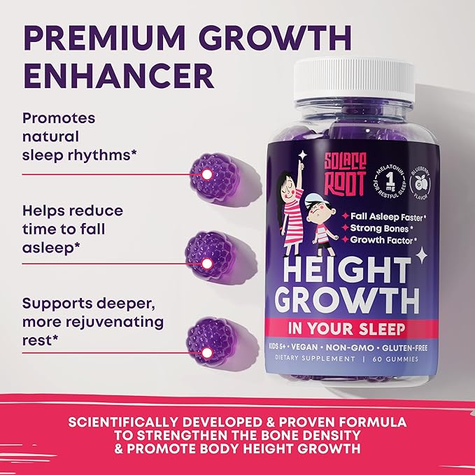 Height Growth Gummies with Melatonin for Kids &amp Teens - Ashwagandha Lemon Balm &amp Vitamins B - Sleep &amp Height Booster Multivitamin for Teen Boys &amp Girls - Grow Taller Supplement - 60 G