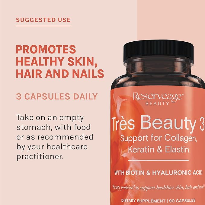 Reserveage Beauty - Tres Beauty 3 - Supplement for Hair Growth Skin Care &amp Nail Care - Collagen Supplement with Keratin &amp Biotin - Gluten Free - 90 Capsules (30 Servings)