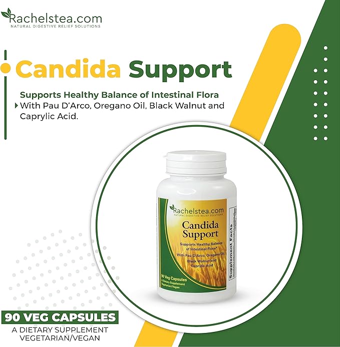 Rachel's Tea and Candida Support: 30 Day Supply Turmeric Wild Yam Ginger Peppermint Fennel Slippery Elm + Candida Support Capsules