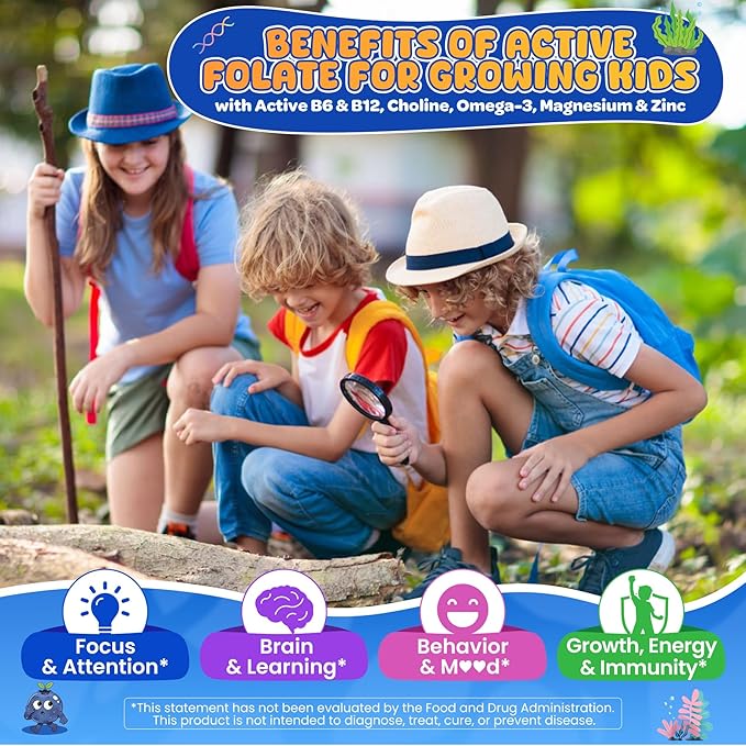 L Methylfolate 1000mcg for Kids Teens Gummies + Methyl B6 B12 Active 5-Mthf Methyl Folate MTHFR Supplement w/ Choline Omega-3 Magnesium Zinc for Focus Cognition Mood Energy Sugar Free Vean 120Cts