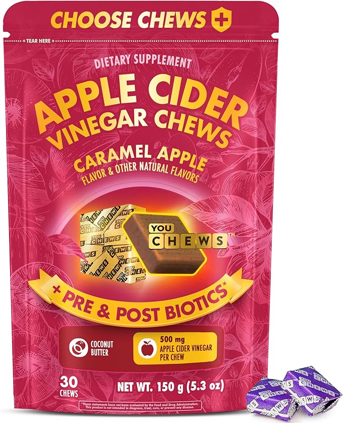 Apple Cider Vinegar Chews – 500 Mg Organic Apple Cider Vinegar Gummies with Prebiotics &amp Postbiotics | Gut Balance Support | Low Sugar Apple Cider Gummies | Caramel Flavor | 30 Chews Pack