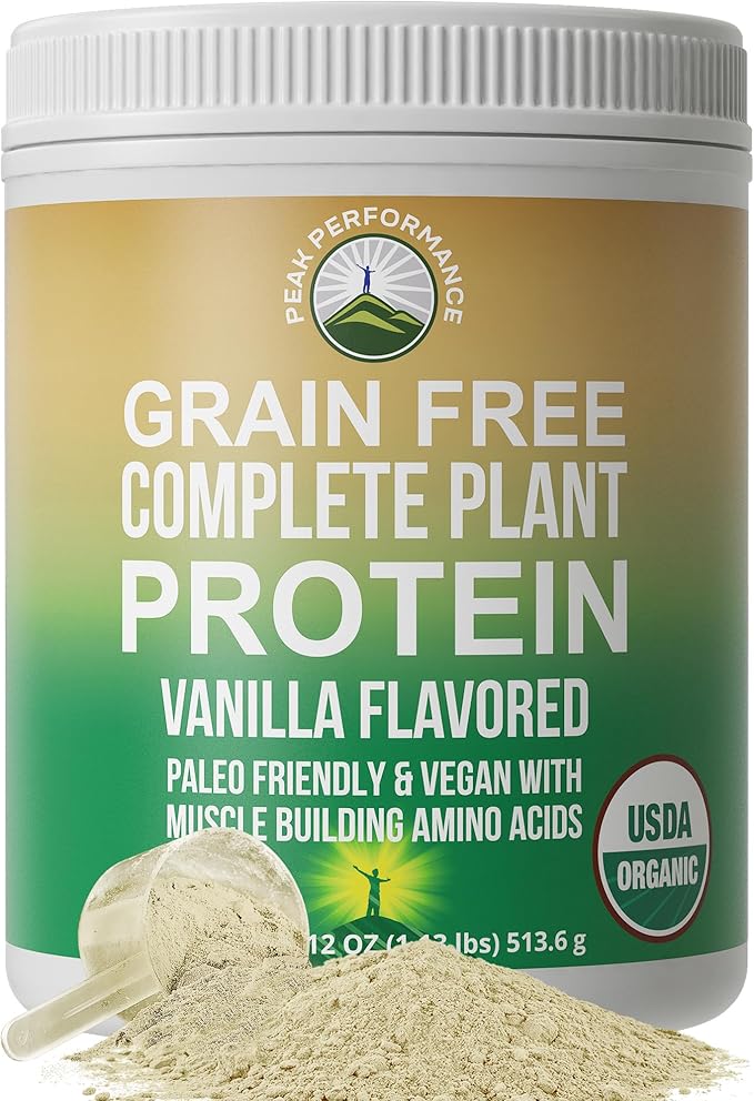 Peak Performance Organic Paleo Grain Free Plant Based Raw Vegan Protein Powder. Amazing Amino Acid Profile and Less Than 1g of Sugar. with Hemp and Pea Protein Vanilla Flavored