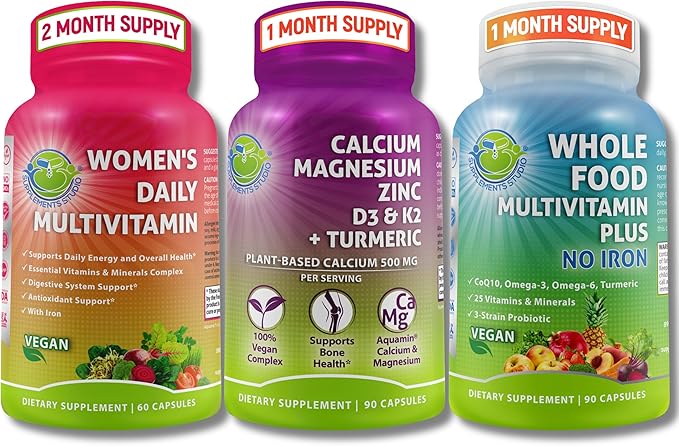 Vegan Multivitamins &amp Calcium Trio – Whole Food Multivitamin with Iron + Women’s Daily Multivitamin with Iron + Plant-Based Calcium Magnesium Zinc D3 K2 &amp Turmeric – Energy Bone &amp Imm