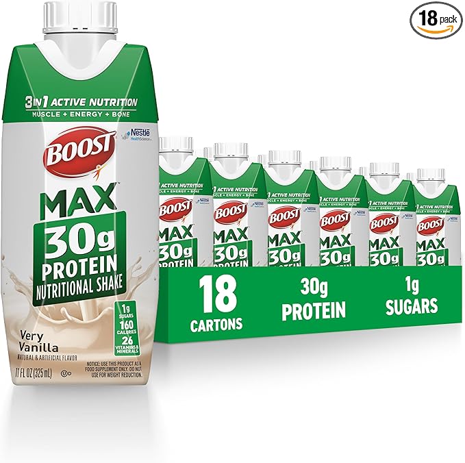 BOOST MAX Protein Shakes Ready to Drink - 30g High Protein Shake - Vanilla | Nutritional Drinks to Support Muscle Recovery After Exercise 26 Vitamins &amp Minerals 1g Sugar 11 fl oz (Pack of 18)