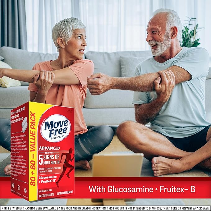 Move Free Advanced Glucosamine Chondroitin + Calcium Fructoborate Joint Support Supplement Supports Mobility Comfort Strength Flexibility &amp Bone - 160 Tablets (80 servings)*