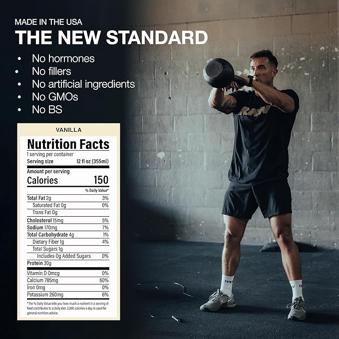 RAW Ready-to-Drink Protein Shake Vanilla - RTD Protein Drinks with Grass-Fed Whey Protein Isolate for Post-Workout - Zero-Sugar &amp Gluten-Free Meal Replacement Drink &amp Breakfast Shake 12 Fl O