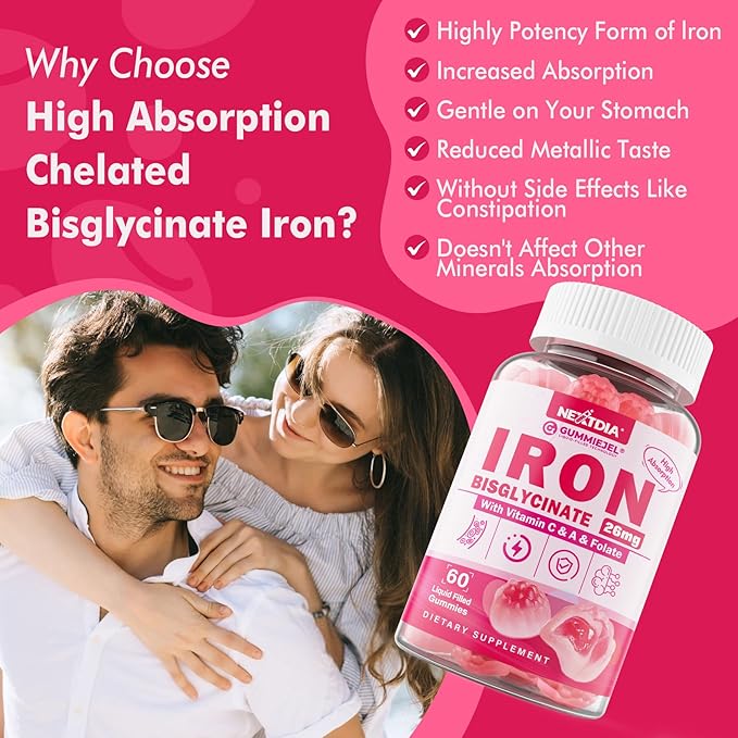 Iron Bisglycinate 26mg Filled Gummies- Gentle Beet Root Iron Gummy plus Vitamin C Supplement Iron with B12 &amp Folate for Women &amp Men Iron Deficiency Immune &amp Energy Support Sugar-Free