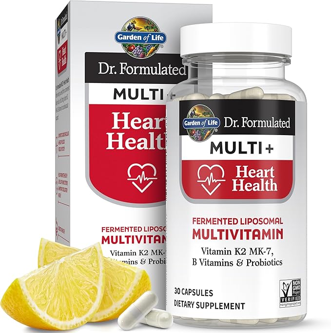 Garden of Life Dr. Formulated Multi+ Heart Health - Fermented Liposomal Multivitamin + Vitamin K2 MK-7 B Vitamins &amp Probiotics - One a Day for Cardiovascular &amp Blood Vessel Function 30 Capsu