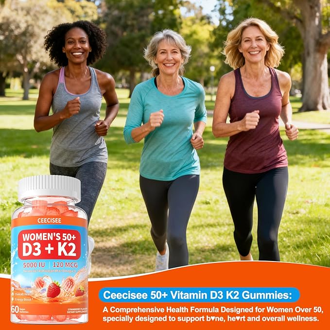 Vitamin D3 K2 Gummies Supplement for Women 50+: Organic Vitamin D3 5000 IU + K2 (MK-7) 120 mcg with 500mg Omega-3 400mg Calcium CoQ10 for Immune Health - Extra Strength for Adults(120Count)