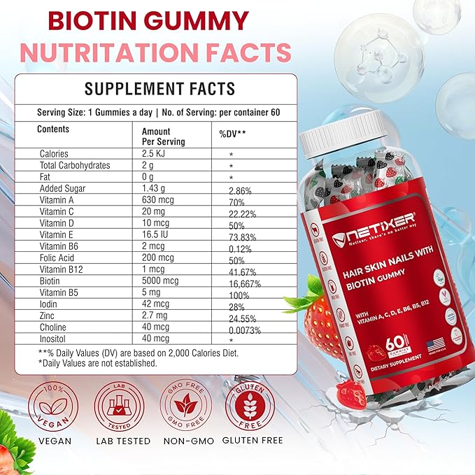 Biotin Gummies 5000 mcg | Multivitamin Gummies | Vitamins A C D E B6 B12 with Zinc | Strawberry Flavor | Vegan | Individually Wrapped | 60 Count