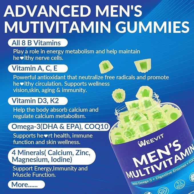 Mens Multivitamins Gummies Omega 3 CoQ10 Turmeric Lycopene Digestive Enzymes Daily Mens Vitamins A C D E B6 B12 Methylated Multivitamin for Men - Energy Immunity Sugar Free Vegan