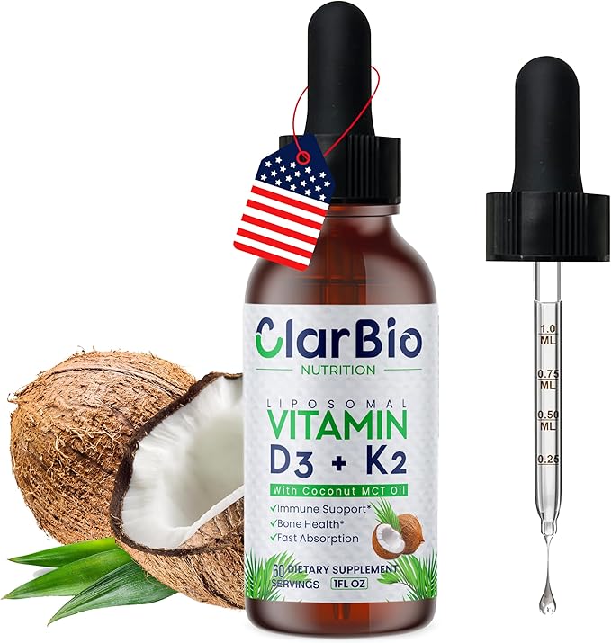 Liposomal Vitamin D3 K2 (MK-7) Liquid Drops with MCT and Olive Oil | Vitamin D3 5000iu | Bone &amp Heart Health | Immune &amp Joint Support Supplement | Maximum Absorption| Made in USA