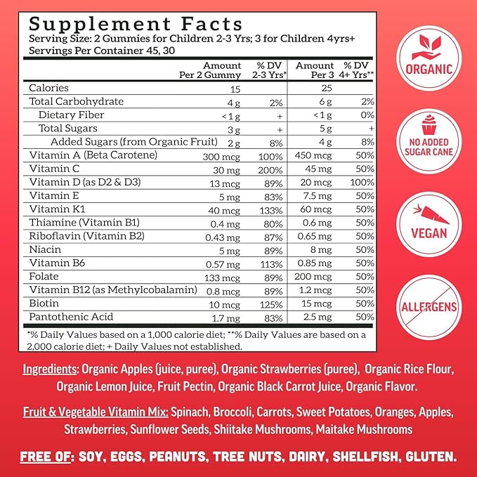 Llama Naturals Kids Multivitamin Gummies Vegan Organic with Vitamin D C &amp K Toddler Real Fruit Gummy Vitamins Chewable Supplement Cherry and Strawberry. 90 Ct