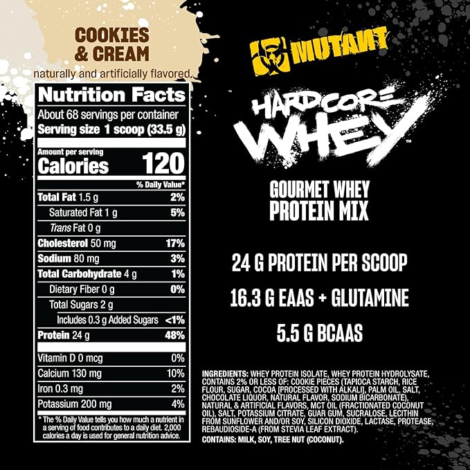 Mutant Hardcore WHEY | 100% Pure Whey Protein | 24g Protein Fast-digesting whey Protein Isolate Plus whey Protein hydrolysate | 70 Servings | 5 LB | Cookies &amp Cream