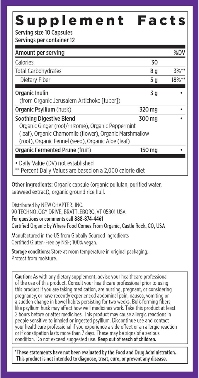 New Chapter All-Flora Multi-Fiber Supplement with Clinically Studied Prebiotic Inulin + Psyllium Husk for Digestion &amp Gut Health Good Source of Daily Fiber USDA Organic 100% Vegan 120 Count