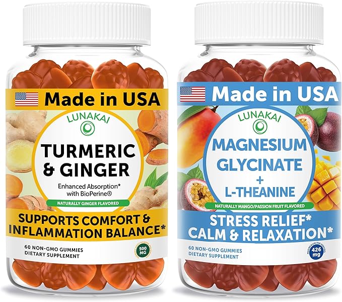 Lunakai USA Made Turmeric &amp Ginger + Magnesium Glycinate with L-Theanine Gummies Bundle – Naturally Flavored Non-GMO – 60ct Each