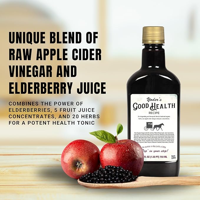 Yoder’s Good Health Recipe Apple Cider Vinegar Liquid Complex 25 oz Amish Harvest Herbal Tonic with Elderberry Juice Organic Wildcrafted Herbs Raw Detoxifying Antioxidants (12)