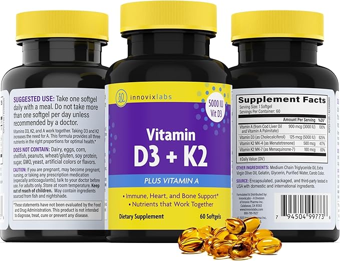 InnovixLabs Vitamin D3 K2-5000 IU Vitamin D3 Plus 600 mcg Vitamin K2 MK4 and MK7 for Max Calcium Absorption Supports Bone Immune Heart Health 3rd Party Tested Gluten Free 60 Softgels