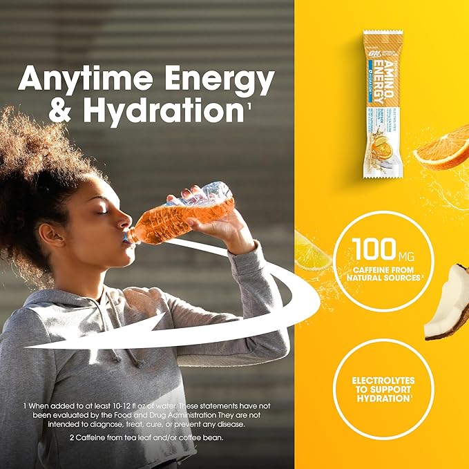 Optimum Nutrition Amino Energy Plus Hydration Packets On-The-Go Caffiene Stick Packs Surfside Citrus 25 Count