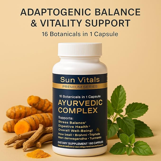 Sun Vitals Adaptogen Complex – Ashwagandha Turmeric Brahmi &amp Holy Basil | 16 Ayurvedic Botanicals | Stress Balance Cognitive &amp Digestive Support | Triphala Shilajit &amp Cordyceps | 60 Ve