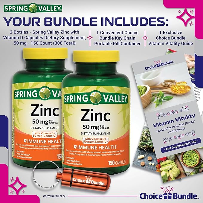 Spring Valley Zinc 50 mg with Vitamin D 50 mcg 150 Ct Immune Health Dietary Supplement Capsules 2 pk (300 Total) + Vitamin Vitality &amp Pill Container (4 Items)!