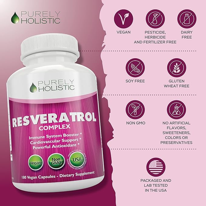 Purely Holistic Resveratrol 1450mg 90 Servings Trans-Resveratrol Antioxidant Supplement with Vitamin C and Polyphenol Complex 180 Vegan Capsules