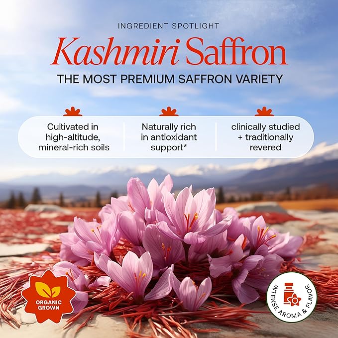 Turmeric Saffron Glow Latte | Calm Nights &amp Radiance Support* | Golden Milk with Kashmiri Saffron Ginger Turmeric &amp Acerola Vitamin C | Caffeine-Free Daily Ritual | Ayurvedic Drink Mix