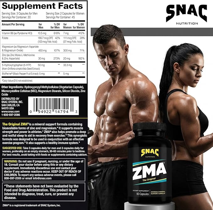 SNAC ZMA The Original Sleep &amp Recovery Supplement - Supports Muscle Recovery Restful Sleep Relaxation Stress Relief and Immune Support with Magnesium Zinc &amp Vitamin B6 90 Veggie Capsules