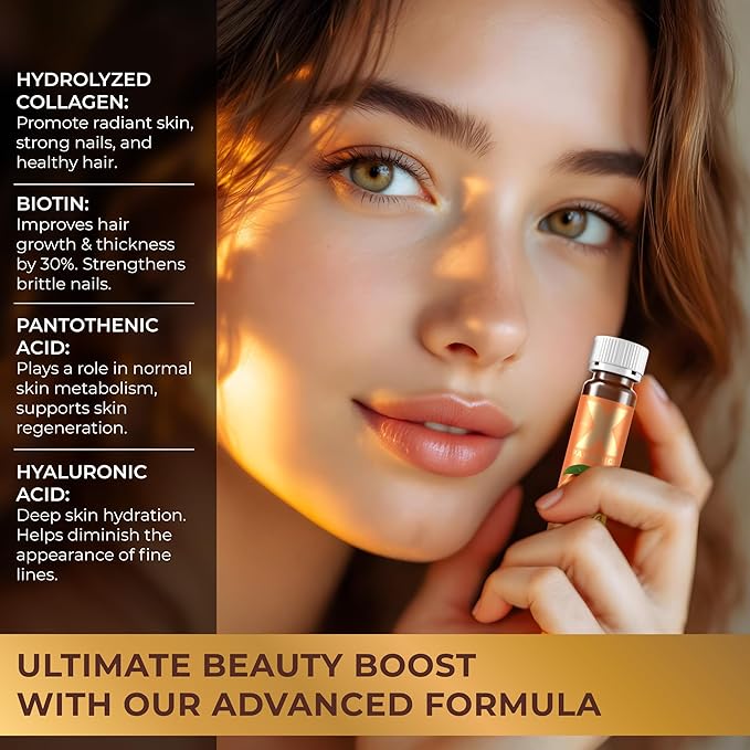 Liquid Collagen Peptides with Biotin &amp Hyaluronic Acid - 3000mg Hydrolyzed Collagen Type 1 and 3 Biotin 10000mcg Vitamins B5 B6 C &amp E - Liquid Collagen for Women and Men Collagen Shots